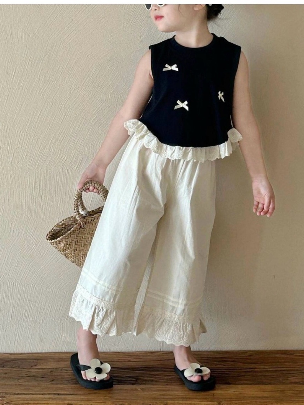 Girls Size 5 matching set. Ivory Wide-Leg Lace Trim Pants with black shirt
